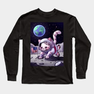 Cute Kawaii cat astronaut on moon Long Sleeve T-Shirt